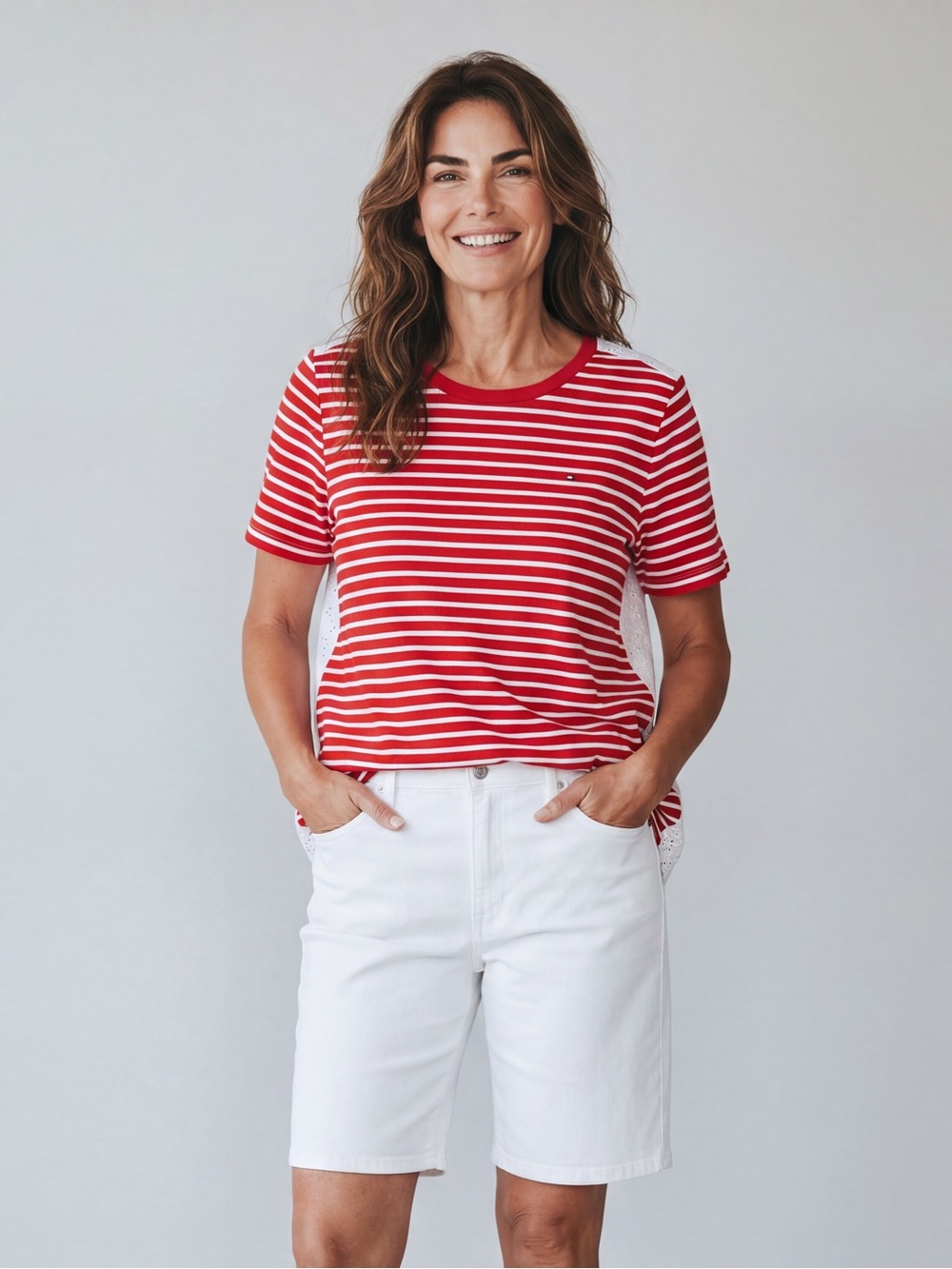 Tommy Hilfiger Red White Stripe Eyelet Lace Back Top Patriotic Coastal